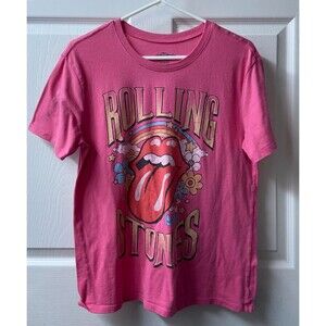 Rolling Stones T-Shirt Womens Medium Pink Flower Tongue Logo Short Sleeve Shirt